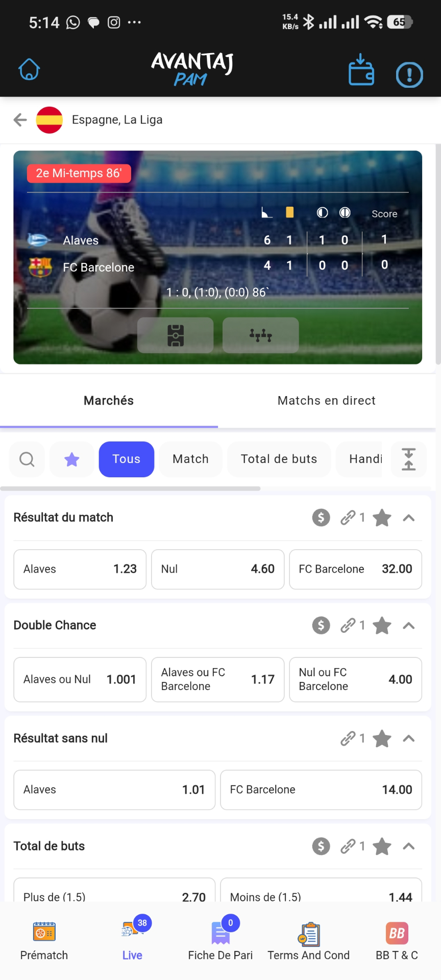 Match live nan aplikasyon Avantaj Pam