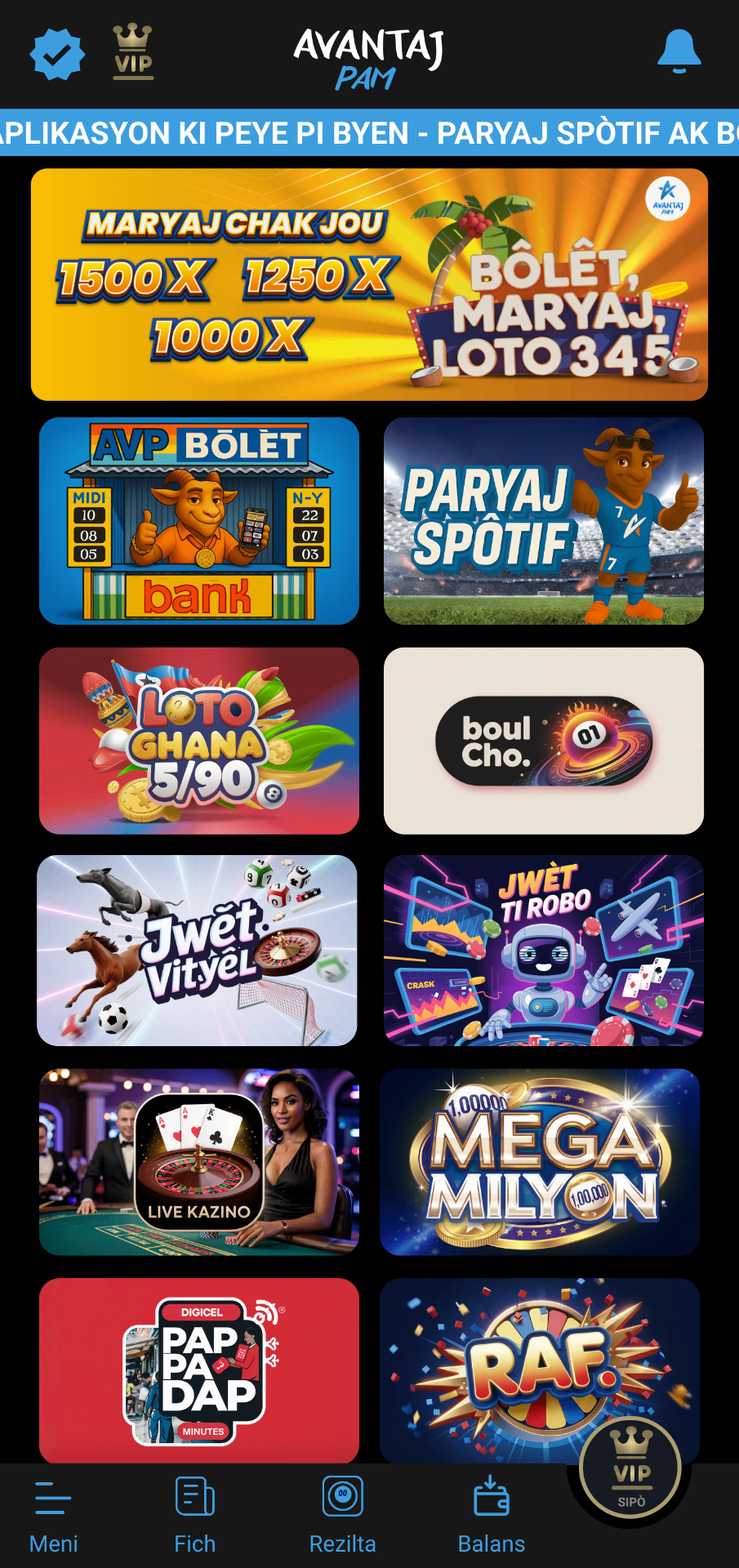 Avantaj Pam paryaj sportif Haiti mobile app — ekran prensipal